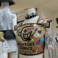Caitlin Maynard for Newbury Comics. Garments created from recycled CD's, paper bags, Newbury Comics buttons and plastic piping.